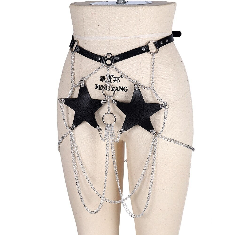 Gothic PU leather harness with star accents and silver chains, perfect for adding a seductive flair to outfits.
