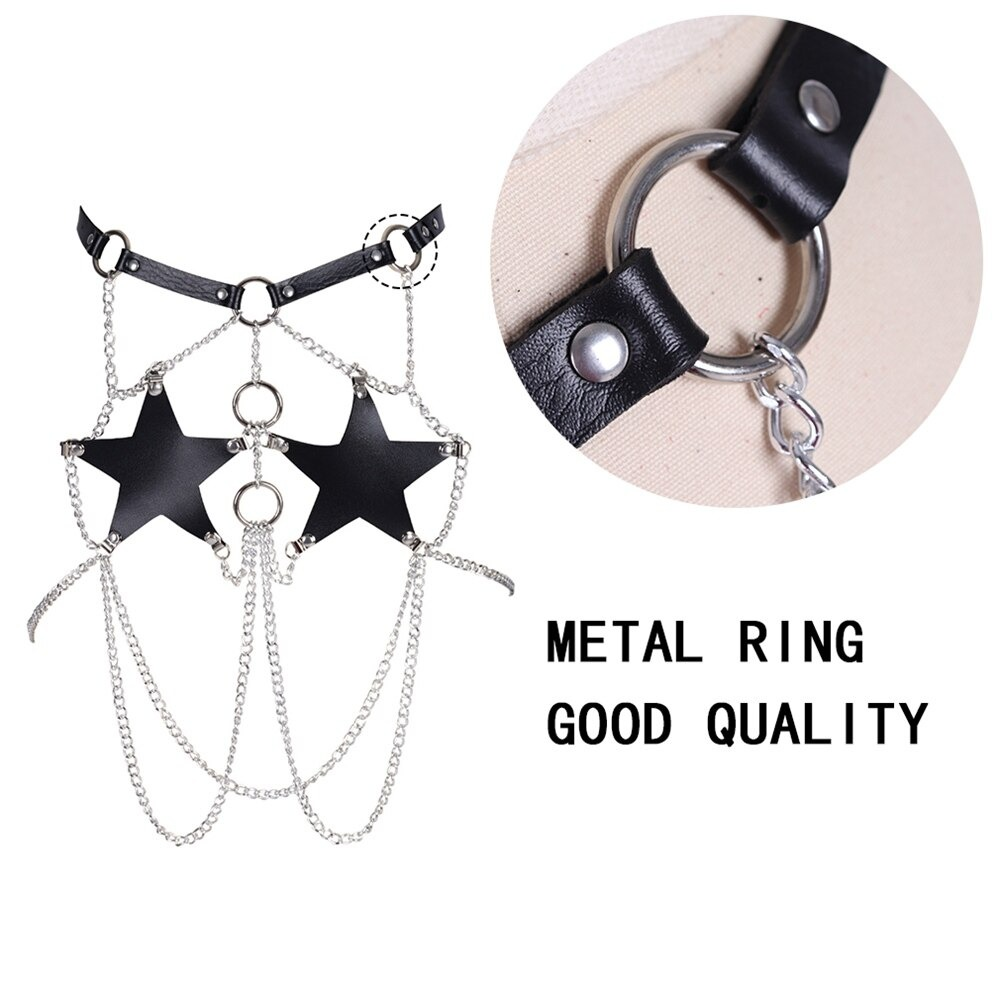 Gothic PU leather harness with star inserts and metal ring, perfect for adding a sexy touch to your outfit.