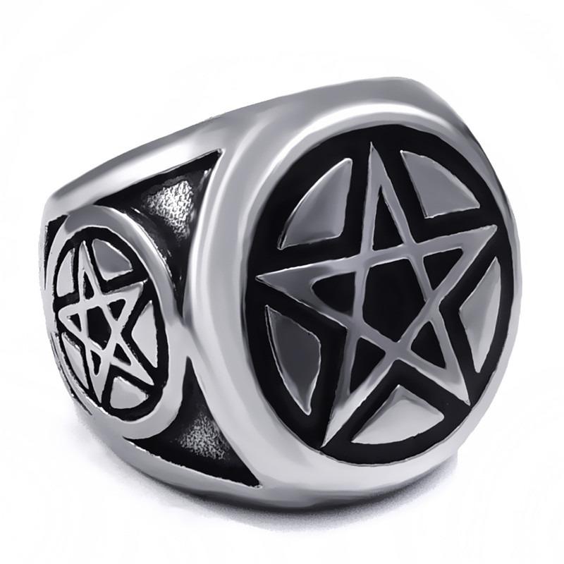 Pentagram pentacle star ring in silver zinc alloy for alternative jewelry lovers, sizes 7-14. Perfect punk accessory!