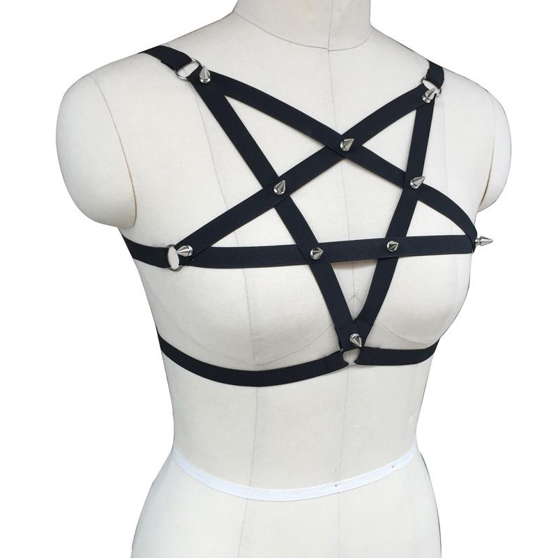 Pentagram women bra body bondage harness with spikes - gothic style elastic straps for rock outfits.