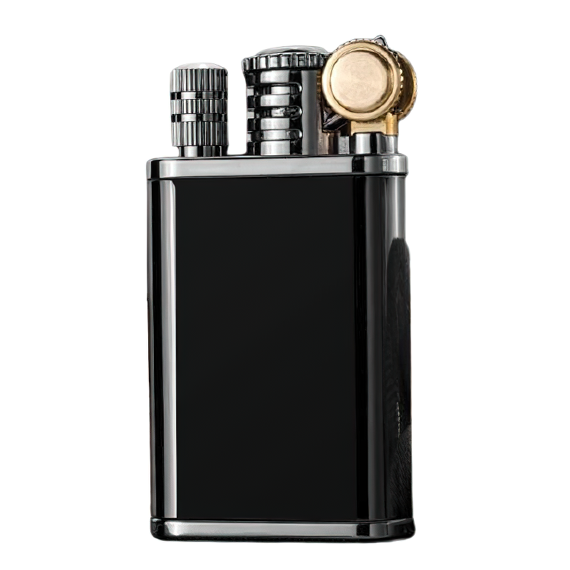 Sleek black permanent windproof lighter with gold accents and modern design, perfect for kerosene oil use.