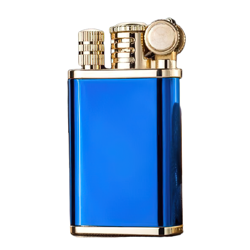 Classic blue kerosene windproof lighter with dual flames and gold accents, perfect for stylish lighting needs.