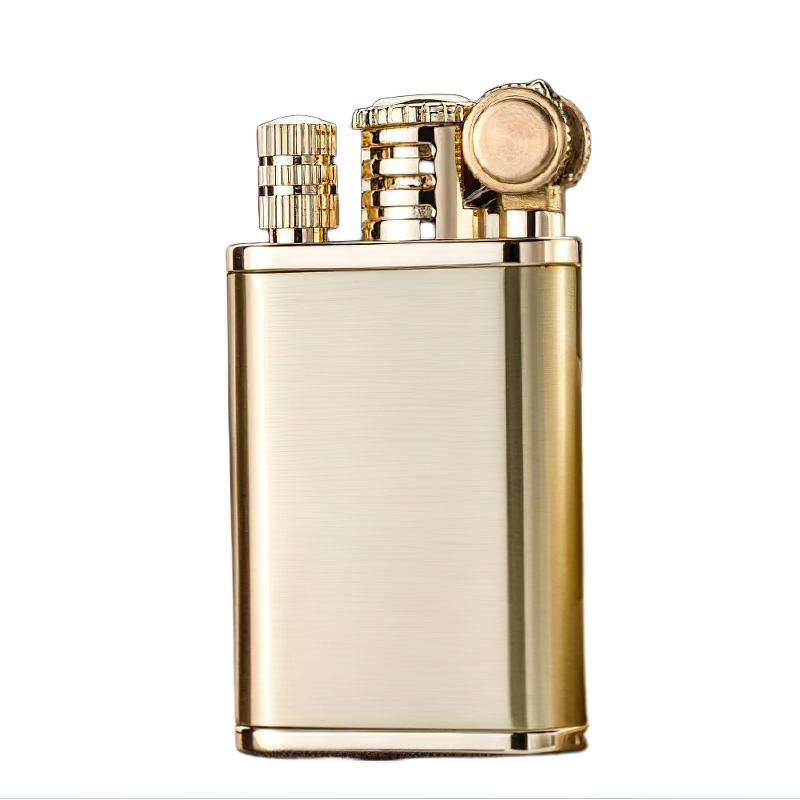 Elegant gold permanent windproof lighter on kerosene oil, showcasing a classic design and dual functionality.