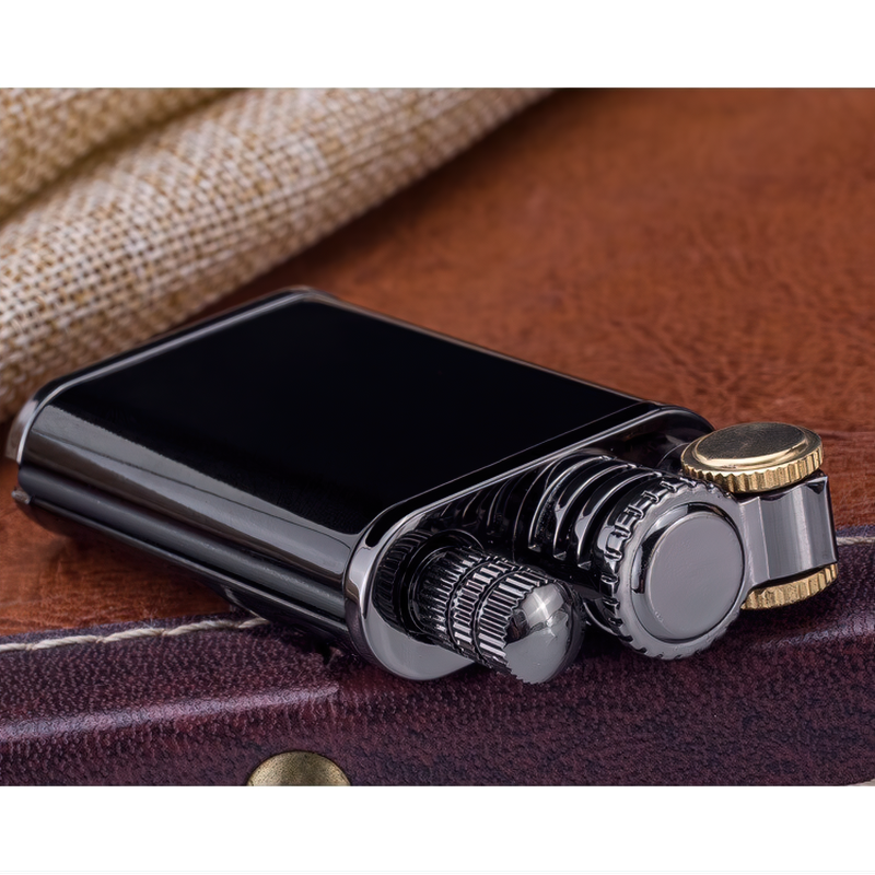 Sleek black permanent windproof lighter with modern design, features kerosene oil refills and classic style on leather background.