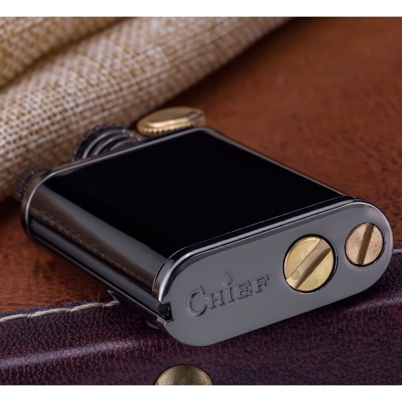 Classic black kerosene lighter with gold buttons, stylish design, perfect for everyday use or gifting.