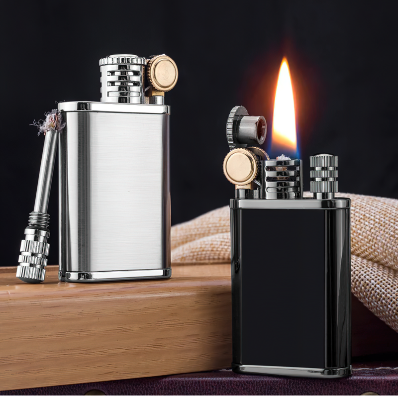 Stylish dual purpose kerosene windproof lighter in classic design with flame ignited on wooden surface.