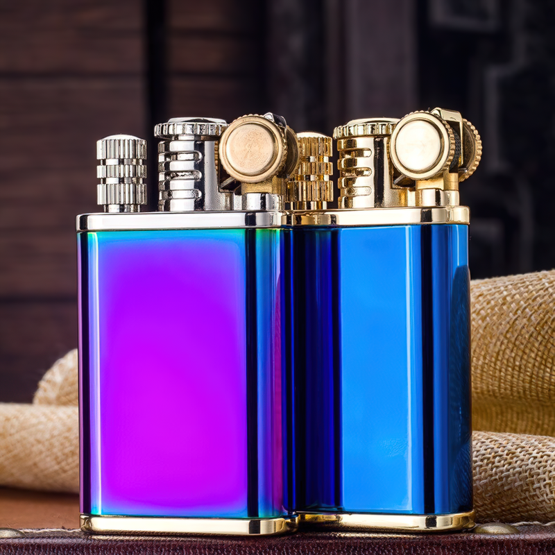 Colorful dual purpose windproof lighters in modern design, featuring purple and blue finishes on kerosene oil.