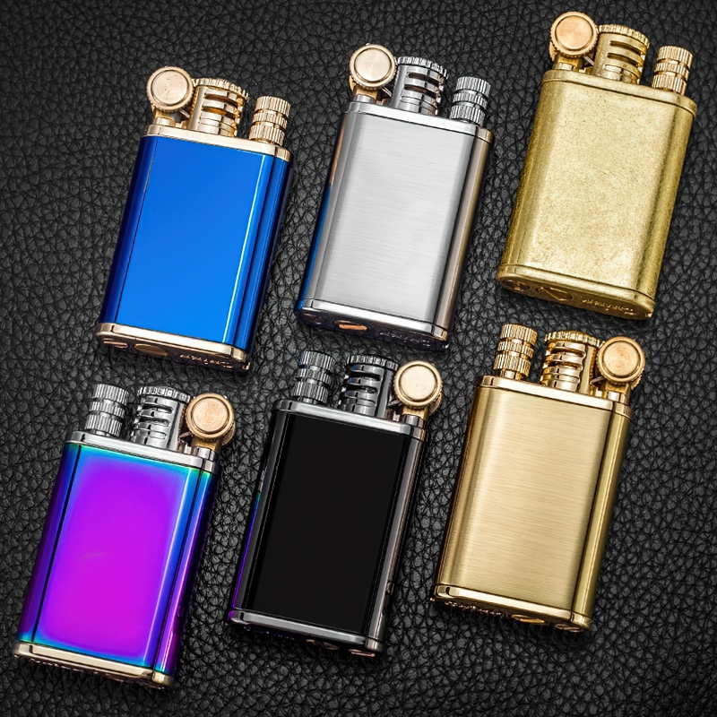Stylish permanent windproof lighters available in multiple colors, featuring a classic and modern design on a textured background.