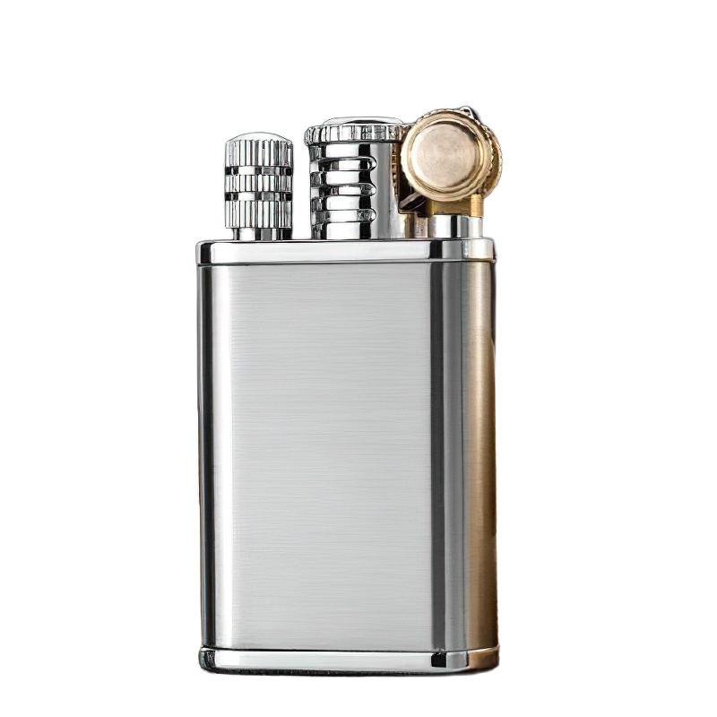Stylish dual purpose windproof lighter on kerosene oil, featuring a sleek silver design and gold accents.