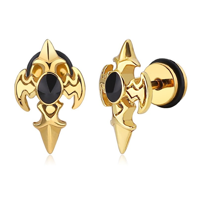 Gold cross design stud earrings with black gemstone, perfect for adding edge to alternative fashion outfits.