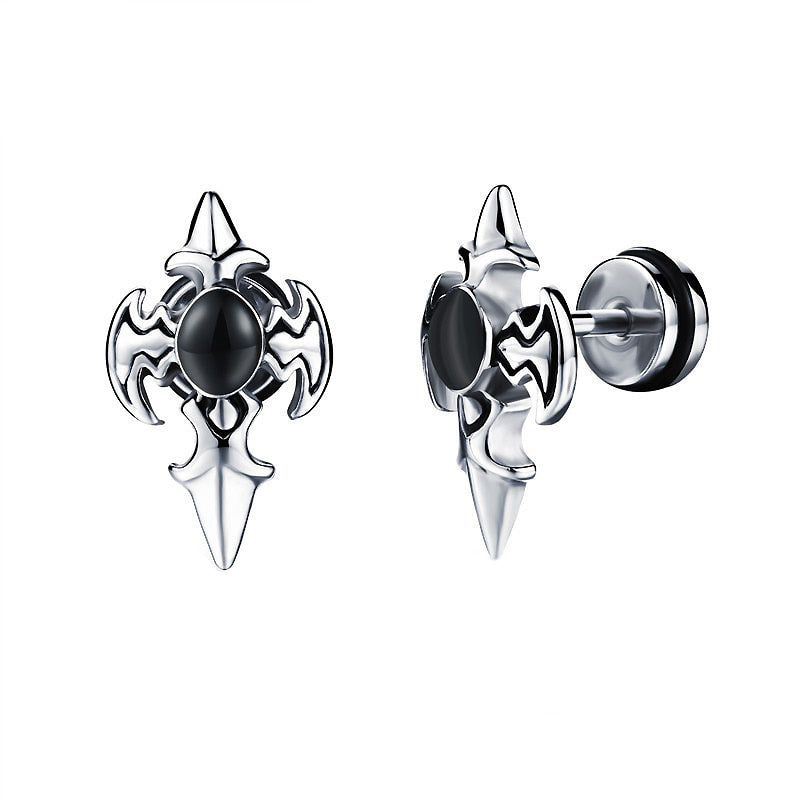 Alternative fashion cross design stud earrings with black zirconia, stainless steel spikes for an edgy look.
