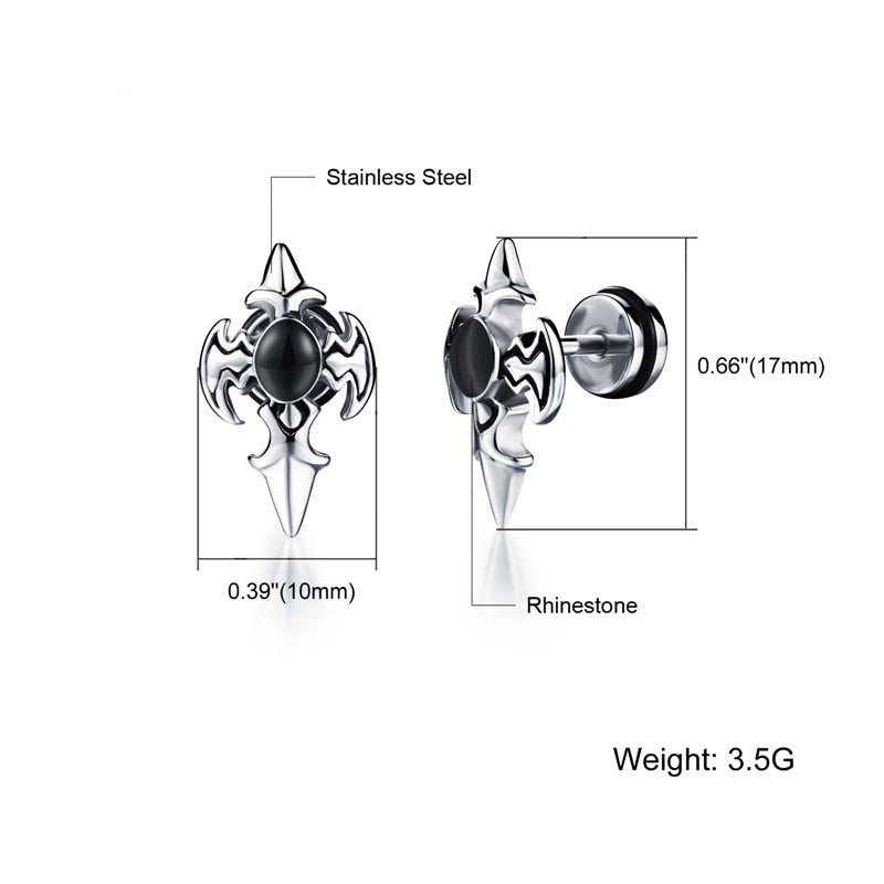 Alternative fashion stud earrings featuring a cross design in stainless steel and rhinestone, dimensions included.