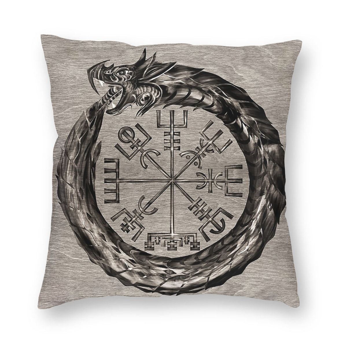 Vintage pillow cover featuring a Vegvisir Viking design with a dragon motif, perfect for home decor.