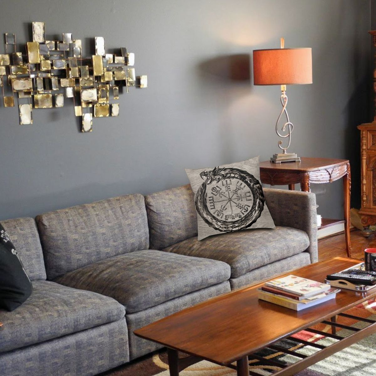 Pillow cover with Vegvisir Viking design adding vintage charm to a cozy living room decor.