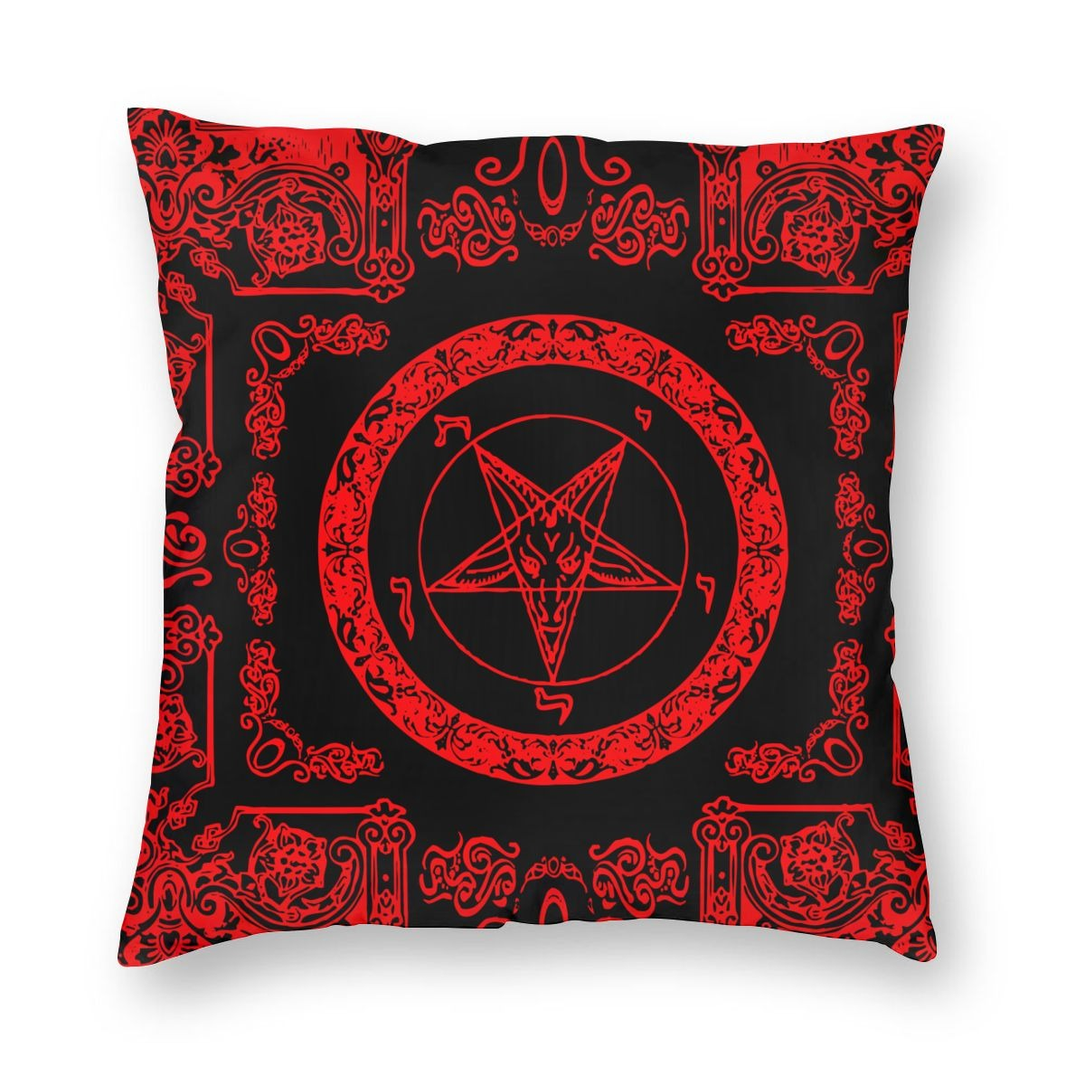 Double-sided gothic pillowcase featuring striking red satanic symbols on a black background.