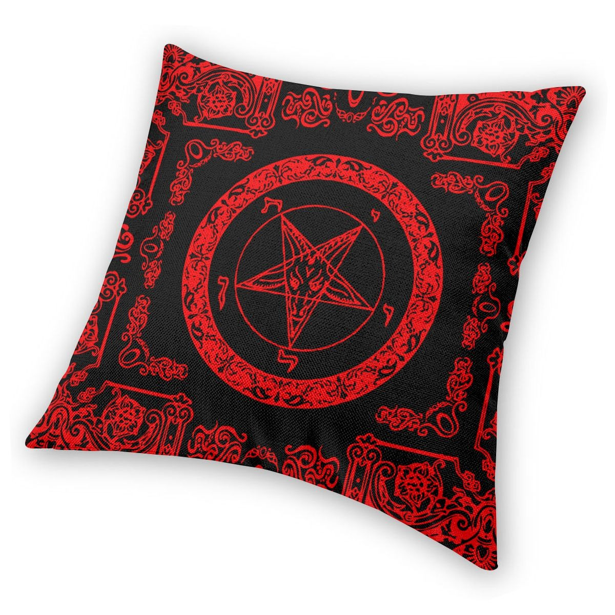 Gothic pillowcase with double-sided satanic signs in red and black for home decor.