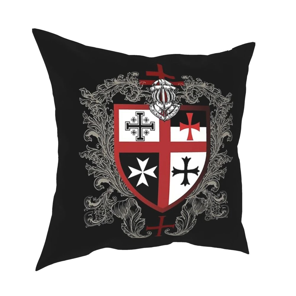 Decorative pillowcase featuring Knights Templar cross emblem on a black background, perfect for stylish home decor.