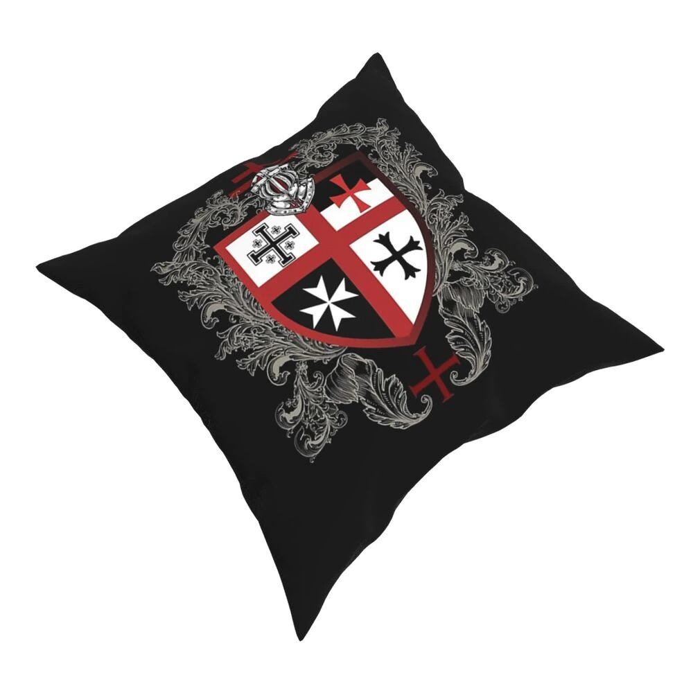 Decorative pillowcase featuring Knights Templar cross emblem on black background for stylish home decor.