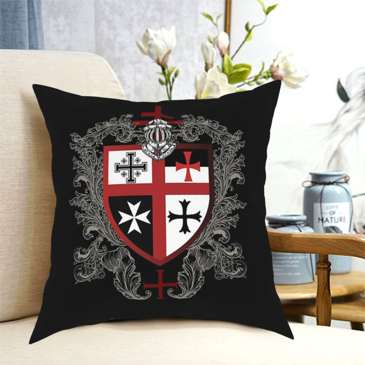 Decorative pillowcase featuring Knights Templar cross emblem on a stylish black background, perfect for home decor.