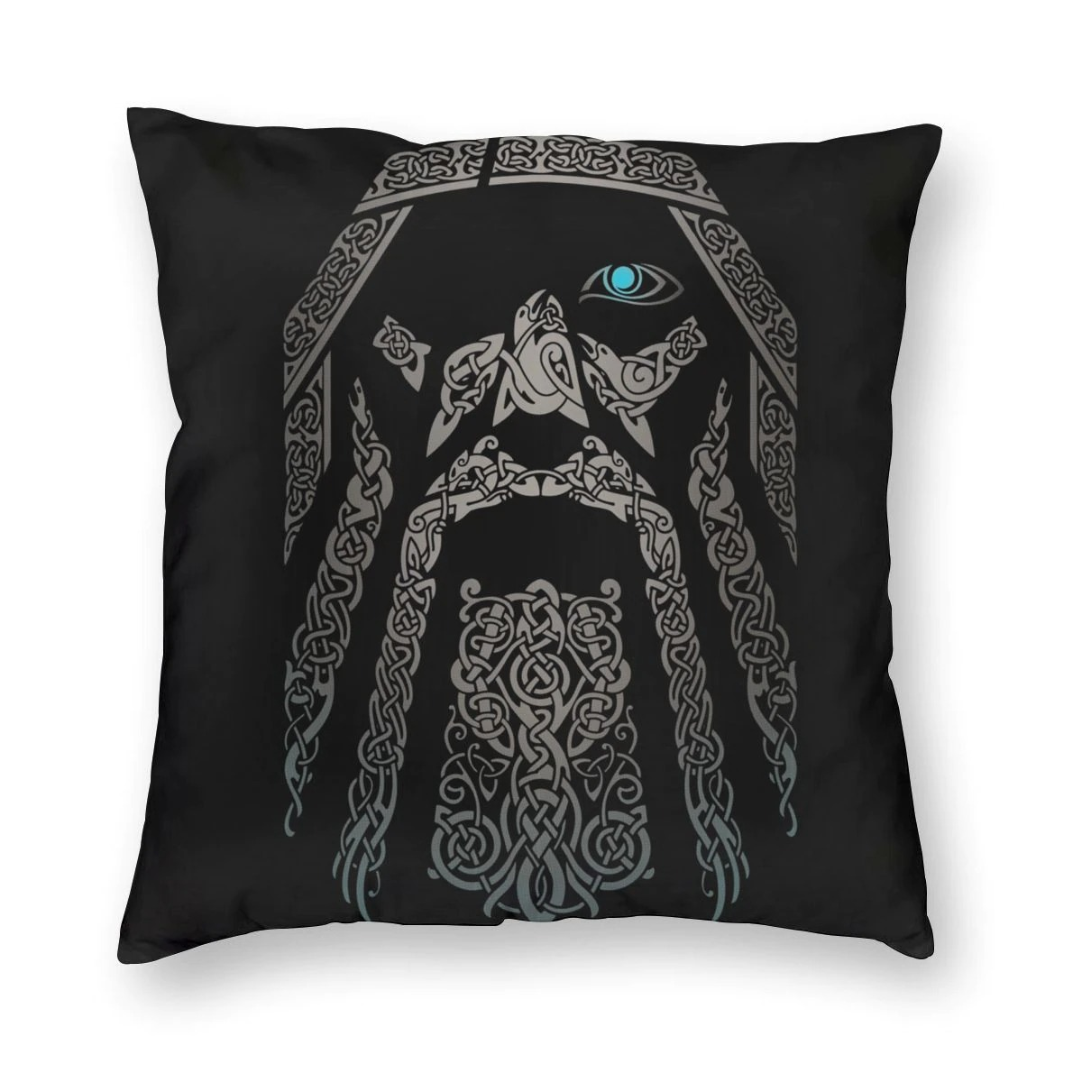 Viking-inspired pillow cover featuring intricate Odin face design, perfect for home decor and gifts.