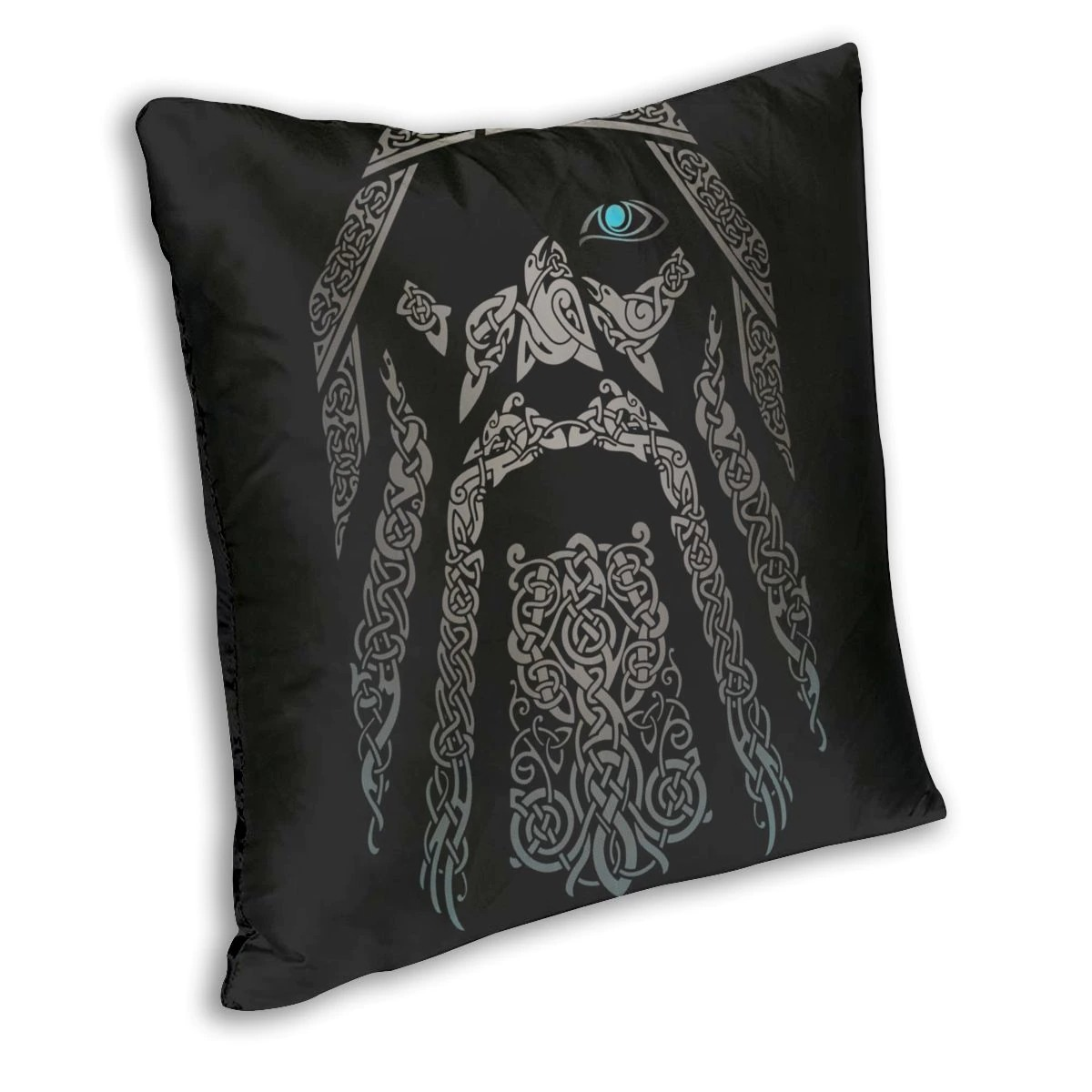 Viking-style pillow cover featuring an antique print of Odin with intricate designs and a mystical eye.