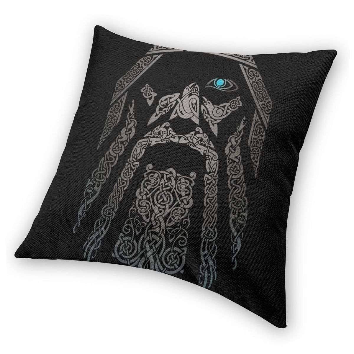Viking-style pillow cover featuring intricate Son Odin design with blue eye for home decor.