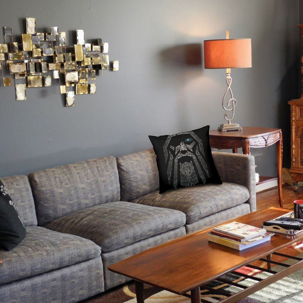 Viking style pillow cover featuring Son Odin, enhancing cozy home decor in a stylish living room with modern furniture.