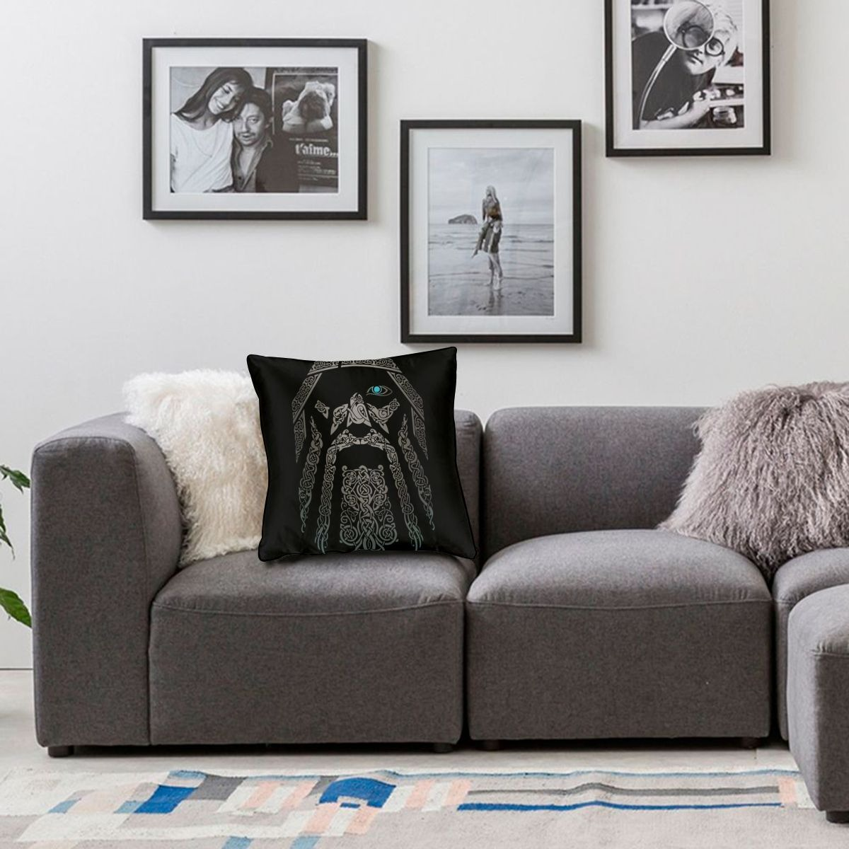 Viking-style pillow cover featuring Son Odin on a stylish sofa in a modern living room.