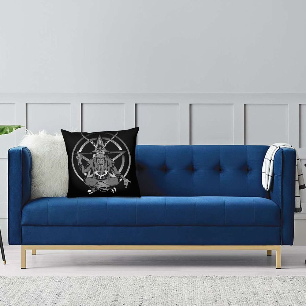 Gothic pillow cover with Satanic Goat print on stylish blue sofa, perfect for unique home decor.