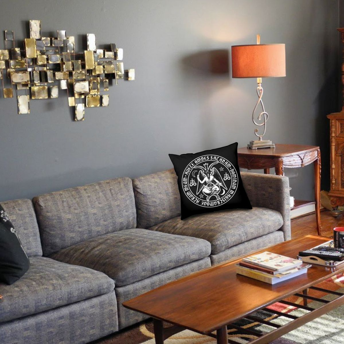 Satanic goat print pillow cover on a stylish sofa, adding gothic flair to home decor.