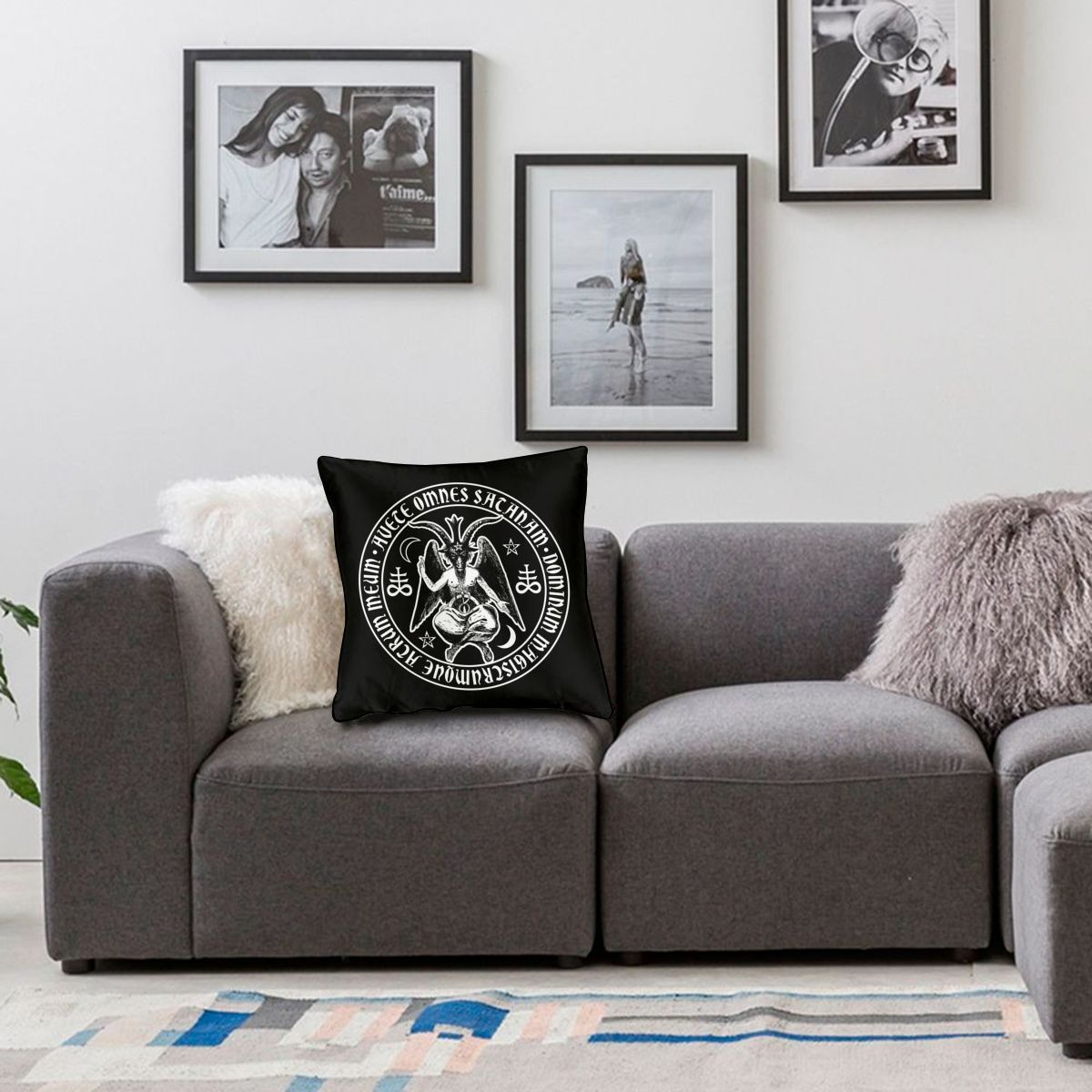 Gothic pillow cover with satanic goat print, stylish decor for sofa, showcasing unique double-sided design.