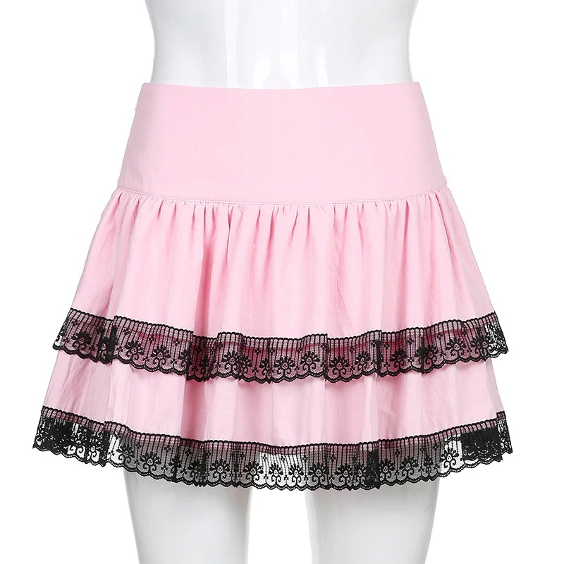 Stylish pink double layer pleated skirt with black lace accents for women, perfect for punk fashion and everyday wear.