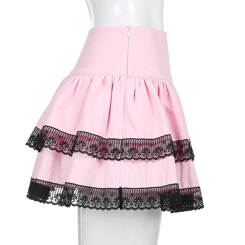 Pink Women's Double Layer Pleated Skirt with Black Lace / Stylish High Waisted Short Skirts - HARD'N'HEAVY