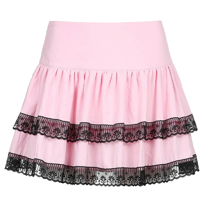 Pink pleated mini skirt with black lace trim, perfect for stylish punk fashion and everyday wear.