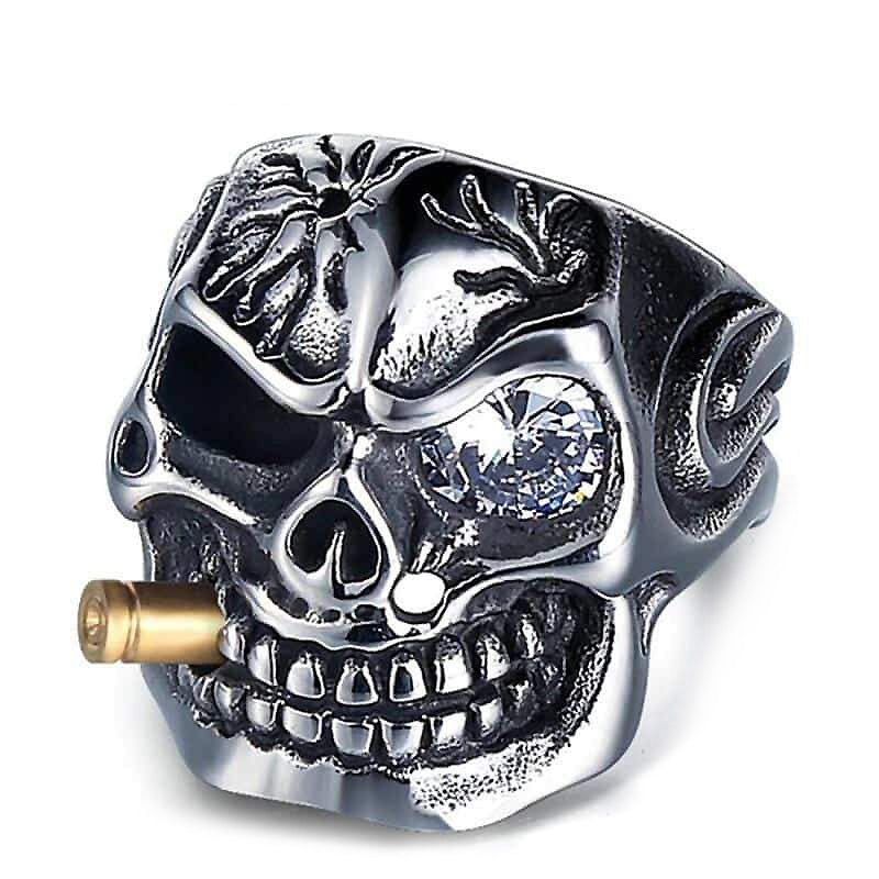 Stainless steel pirate skeleton ring with crystal eye and cigar for bikers, edgy jewelry that makes a statement.