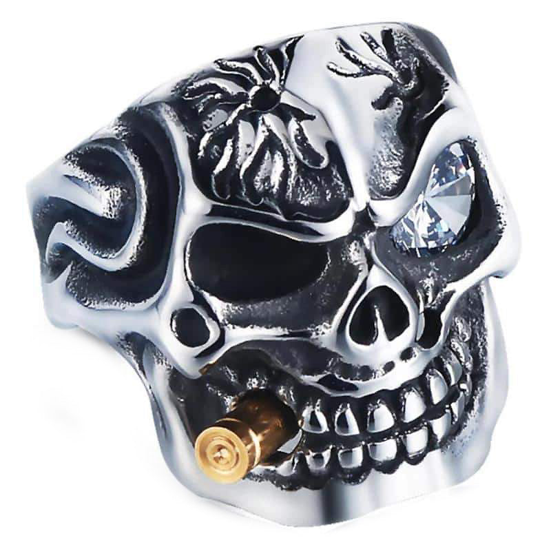 Edgy pirate skeleton ring crafted from stainless steel, featuring a crystal eye and a cigar in its mouth.