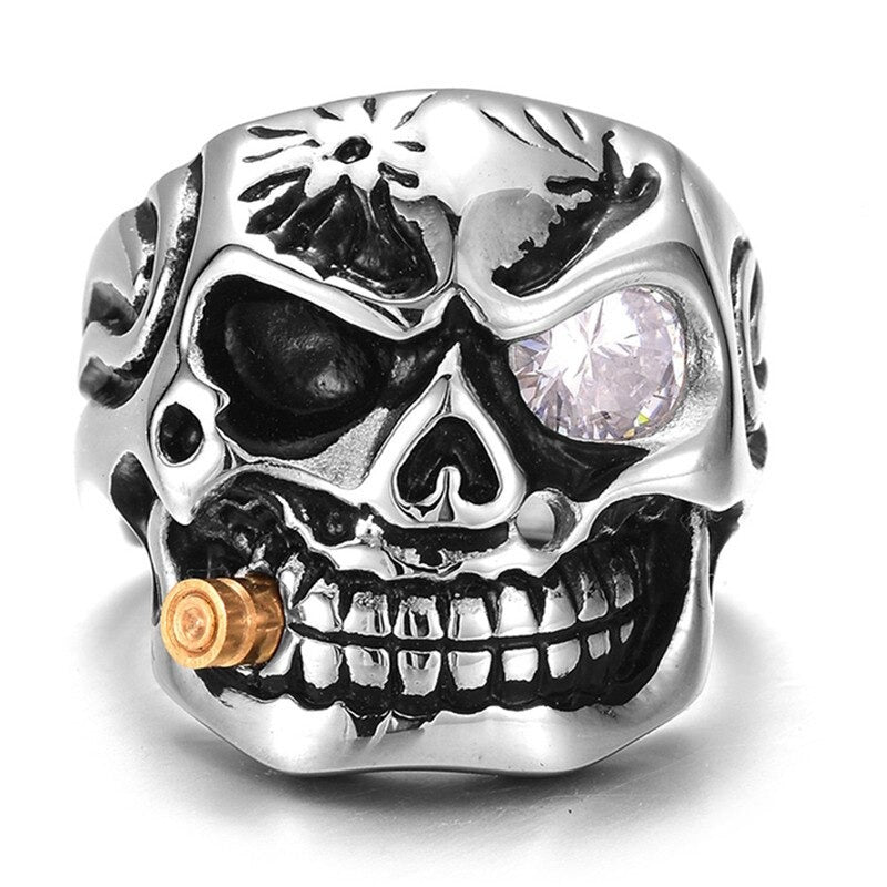 Pirate skeleton ring in stainless steel with a crystal eye and cigar, perfect for bikers and luxury style.