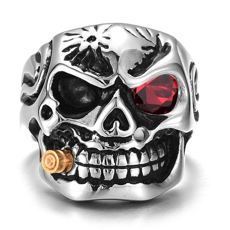 Pirate skeleton ring featuring a skull with a crystal eye and cigar, crafted in stainless steel for bikers.