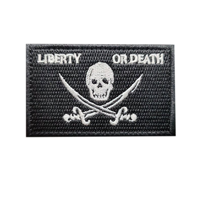 Pirates black embroidered patch featuring skull and crossbones with 'Liberty or Death' text, stylish gothic accessory.