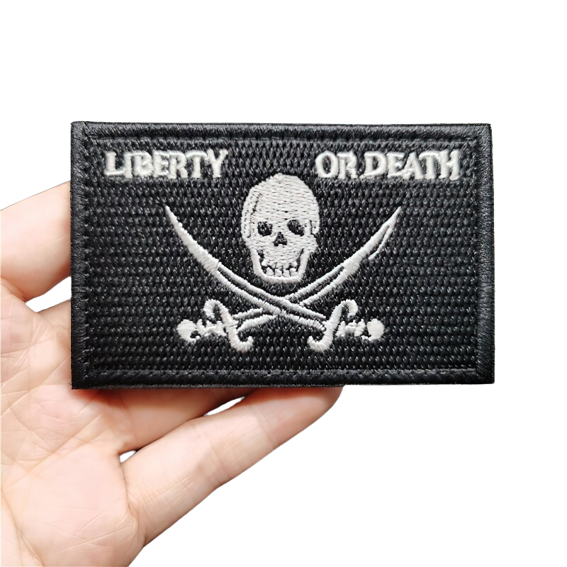 Unisex skull embroidered patch with 'Liberty or Death' design, perfect for stylish gothic clothing.