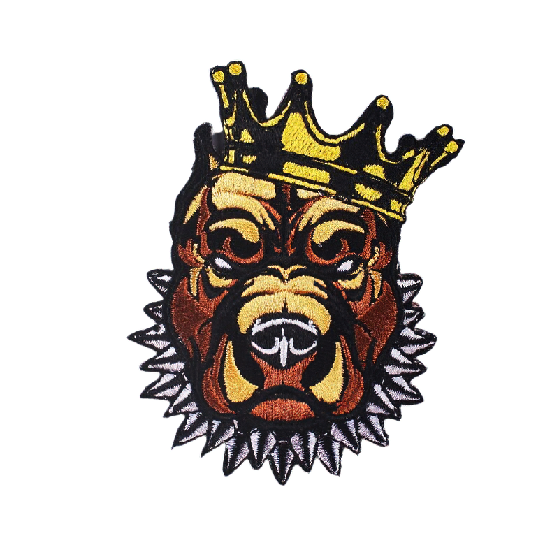 Stylish patch featuring a pitbull dog in a crown, perfect for rock-inspired jackets and bags.