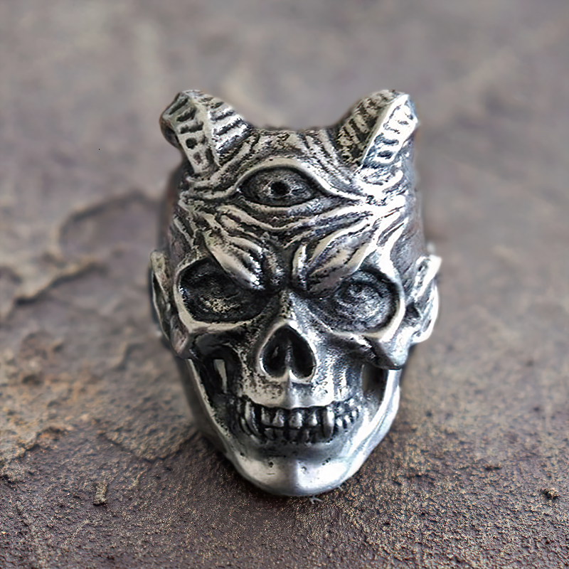 Plague Devil Skull Ring in stainless steel featuring a three-eyed demon, perfect for goth and biker styles.
