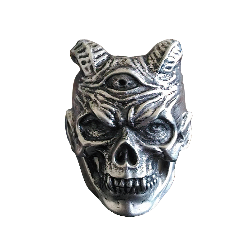 Three-eyed demon skull ring in stainless steel, perfect for goth and biker fashion accessories.
