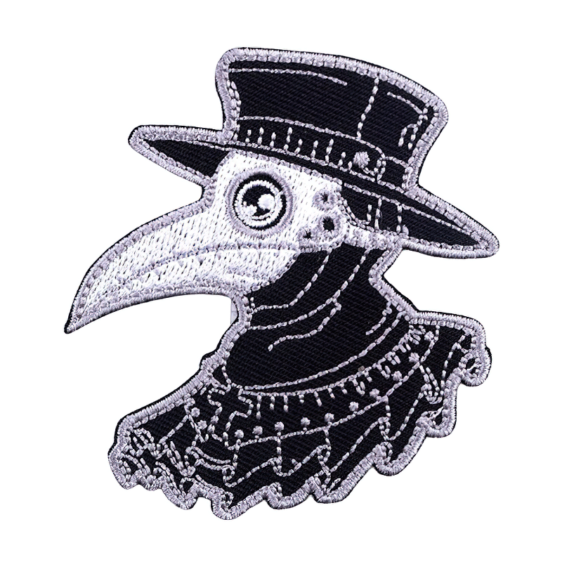 Stylish unisex plague doctor patch for clothing, trendy black and silver embroidery design.