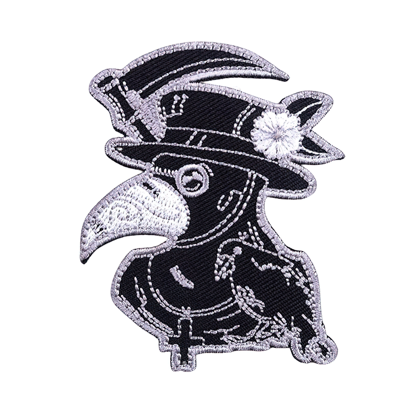 Stylish plague doctor patch featuring a crow, perfect for clothing and accessories. Unisex embroidery design.
