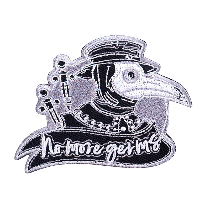 Stylish Plague Doctor patch with embroidered design and slogan 'No More Germs' for clothing accessories.