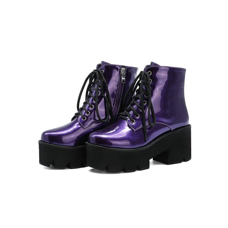 Stylish women's purple platform ankle boots with round toe, zipper, and lace-up detail. Perfect for winter fashion!