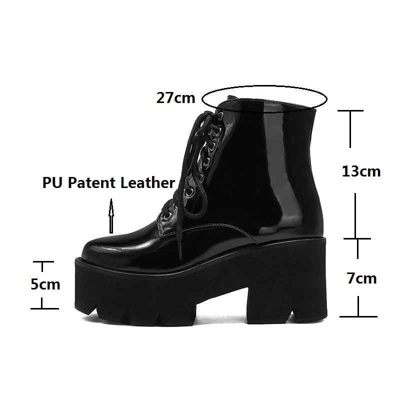 Stylish black platform ankle boots in patent leather with lace-up and zip closure, featuring a bold chunky heel.