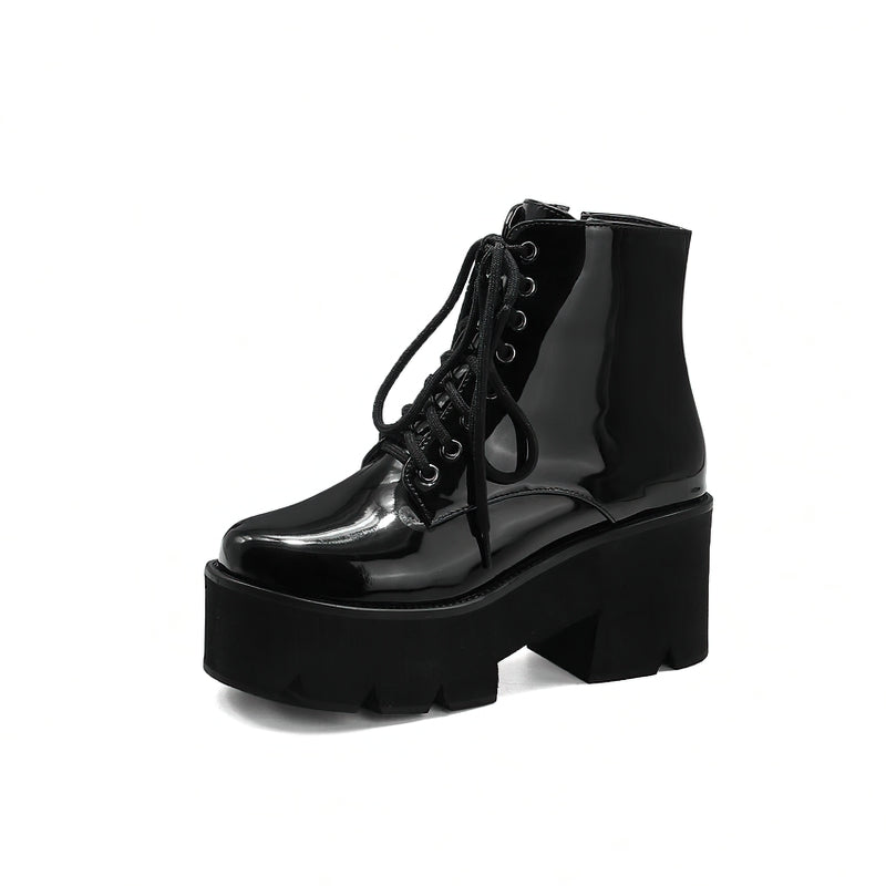 Platform Ankle Boots With Round Toe And Zipper / Women's Lace Up Shoes With Square Heel - HARD'N'HEAVY