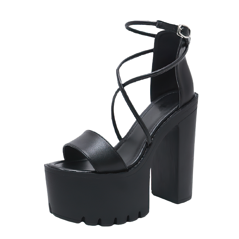 Platform Fashion Summer Shoes For Women / Open Toe Black Leather Female High Heels - HARD'N'HEAVY